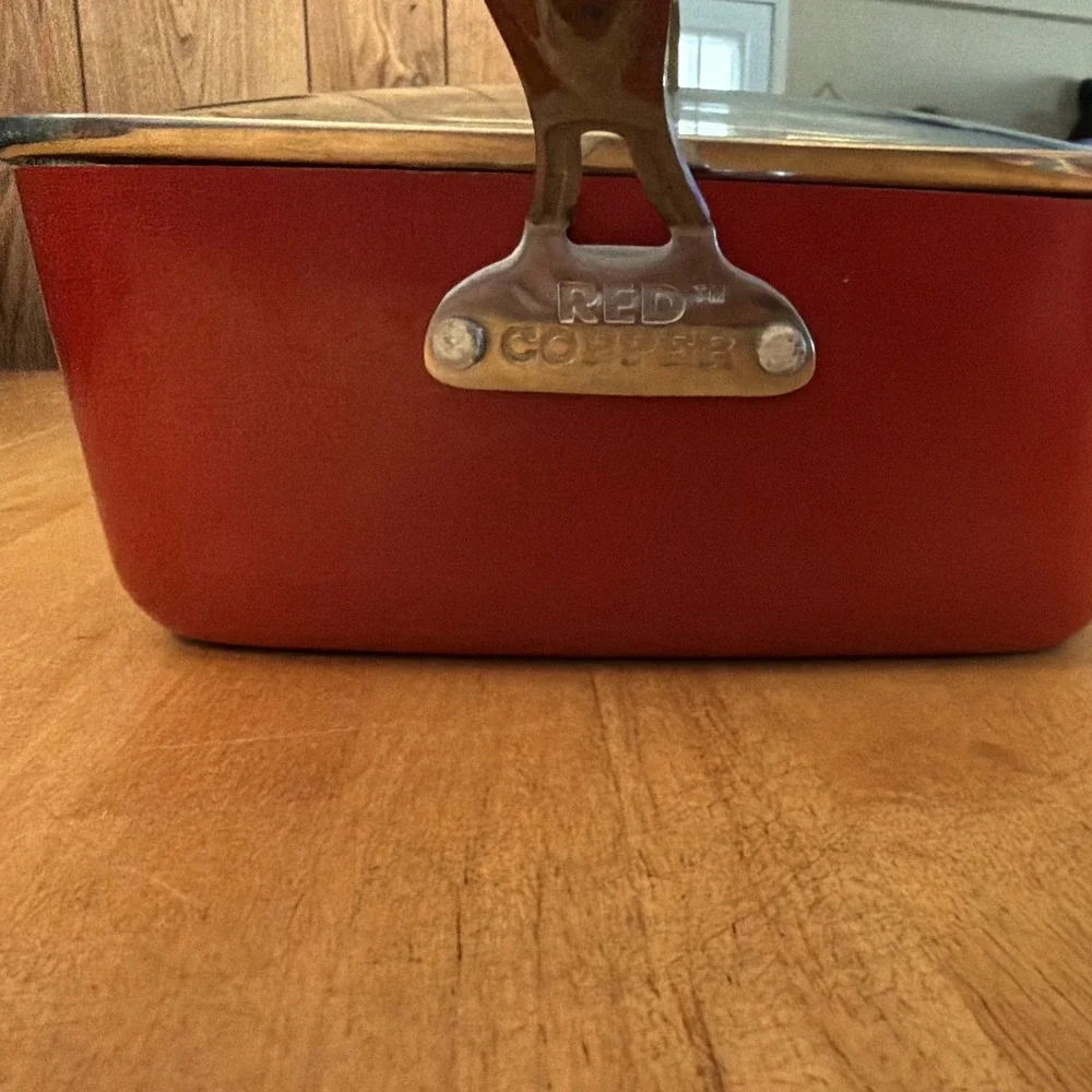 Red Copper Square Non-Stick Frying Pan Set w/ Lid & Fryer Basket, 3pc
